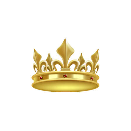 KIng or queen medieval golden crown icon, realistic vector mockup illustration isolated on white background. Royal power and monarchy authority symbol or sign.のイラスト素材