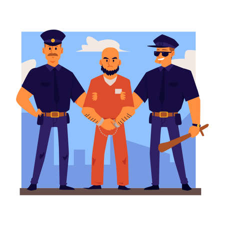 Police officers male cartoon characters in uniform arrest or escort criminal, flat vector illustration on city skyline background. Crime and law concept.のイラスト素材