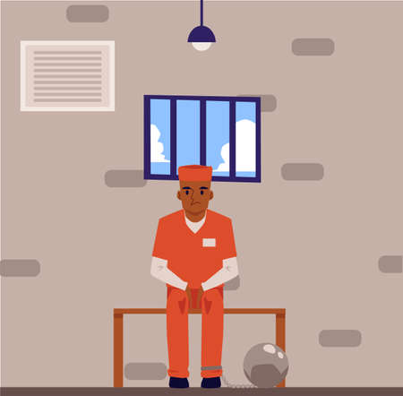 Prisoner in orange suit and legs shackles cartoon character sitting on bench in jail cell, flat vector illustration on prison interior background. Crime and justice.のイラスト素材