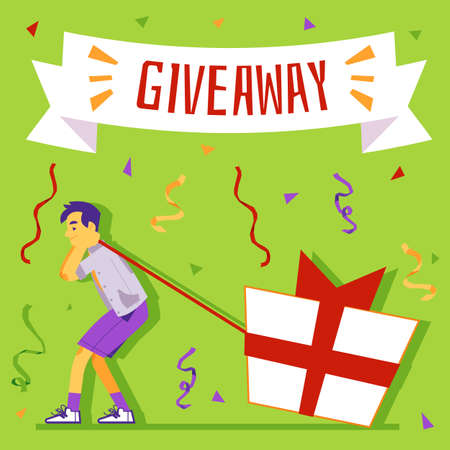 Giveaway banner or poster design with man cartoon character pulling a giant gift box, flat vector illustration on green background. Advertisement of seasonal discount.のイラスト素材