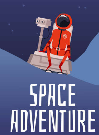Space exploration poster with cartoon red astronaut sitting on rover robot with eyes on foreign planet or moon surface with mountains. Flat vector illustration.のイラスト素材