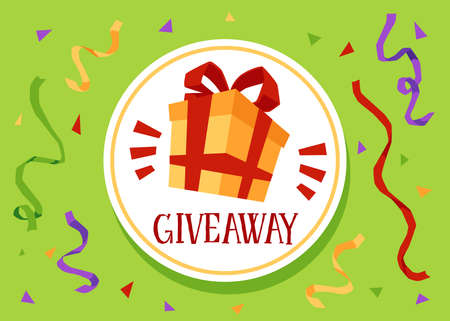 Giveaway card or banner template with gift box flat vector illustration on light green background. Seasonal final sale advertisement or promotion poster mockup.のイラスト素材
