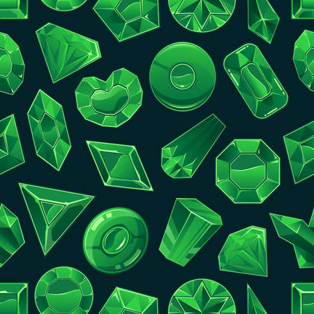 Cartoon green glowing diamonds or crystals seamless pattern, vector illustration on black background. Endless texture with jewelry gemstones or emeralds.のイラスト素材
