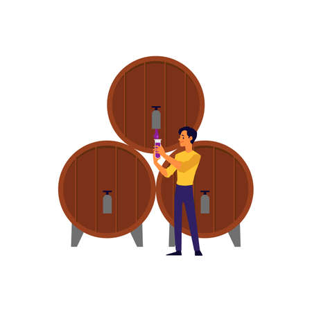 Cartoon man pouring drink from wooden wine barrel keg - winery owner holding glass vessel to open tap with alcohol beverage. Flat isolated vector illustration.のイラスト素材