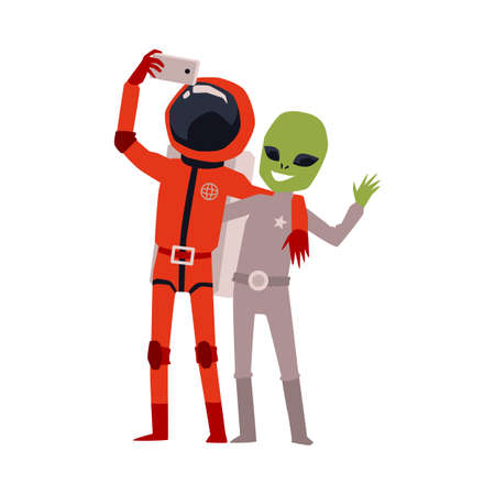 Cartoon astronaut and green alien taking selfie together - person in red space suit hugging smiling...