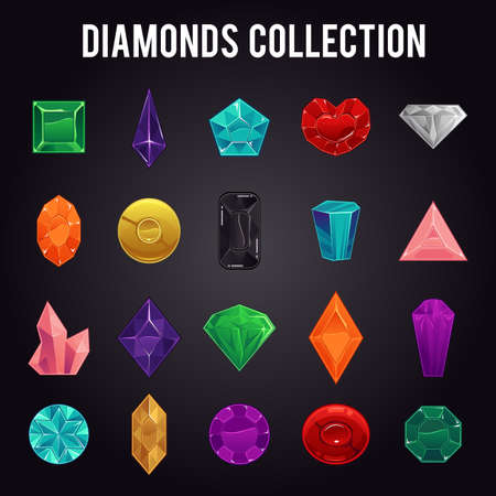 Cartoon diamonds in various shapes colorful collection flat vector illustration isolated on dark background. Brilliants and jewelry gemstones big set.のイラスト素材