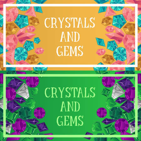 Crystals and gems banner set with yellow and green backdrop with colorful precious stones. Cartoon diamonds and gemstones background - vector illustration.のイラスト素材