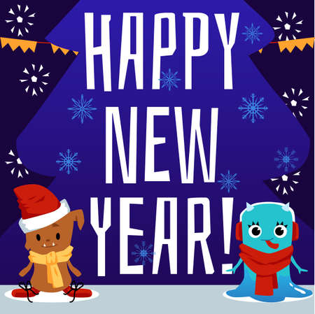 Happy new year card with cartoon baby monsters - cute poster with colorful alien children in Christmas costumes on winter holiday tree background, vector illustrationのイラスト素材