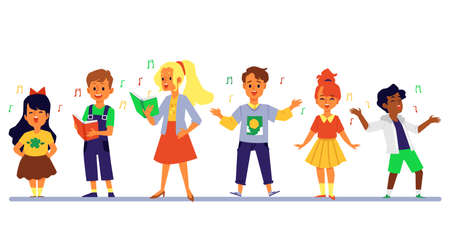 Banner with singing kids cartoon characters flat vector illustration isolated on white background. Children karaoke club or vocal school advertisement poster.のイラスト素材