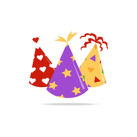 Three colorful party hats with fun patterns floating in air isolated on white background. Birthday celebration costume accessories - flat vector illustration.のイラスト素材