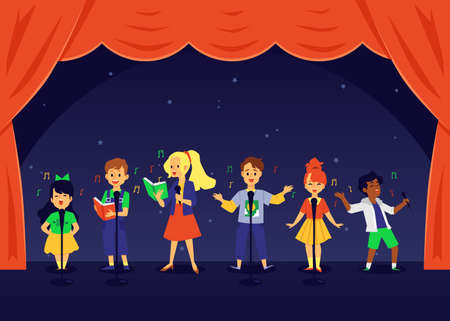 Cartoon children choir singing a song on theater stage with red curtains. Cute little kids at music performance - flat vector illustration.のイラスト素材
