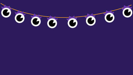Spooky Halloween garland with only eye balls isolated on dark background. Scary cartoon, eyeballs hanging on string - horror decoration, flat vector illustration.のイラスト素材