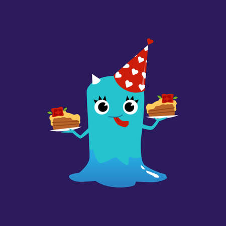 Cute fantasy slime monster or alien vector illustration isolated on dark blue background. Children cartoon birthday party character for cards and invitation posters.のイラスト素材