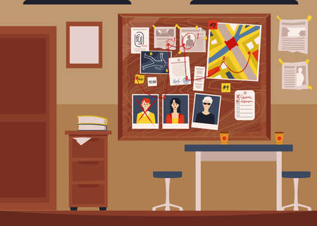 Detective office interior with full crime board - empty police department room with coffee desk and suspect photographs and evidence pinned on wall. Flat vector illustration.のイラスト素材