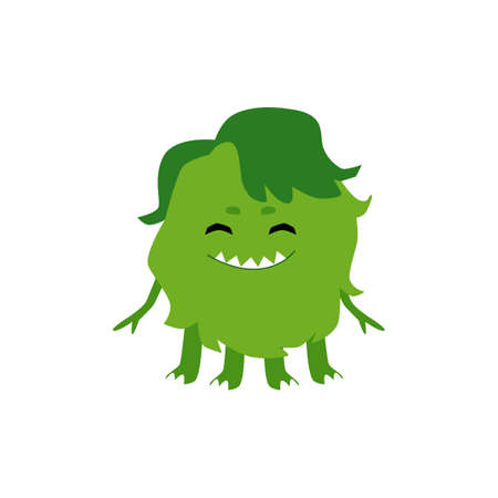 Round cartoon baby monster smiling with sharp teeth isolated on white background. Funny green cabbage creature with many legs - flat vector illustration.のイラスト素材