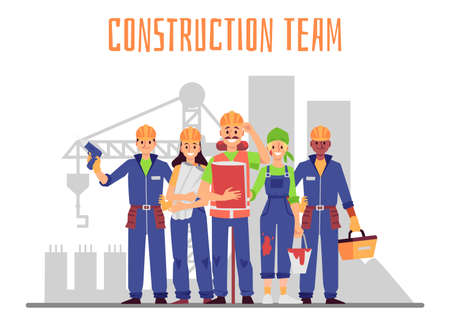Construction team workers, architects and engineers cartoon characters in blue overalls at building site backdrop, flat vector illustration isolated on white background.のイラスト素材