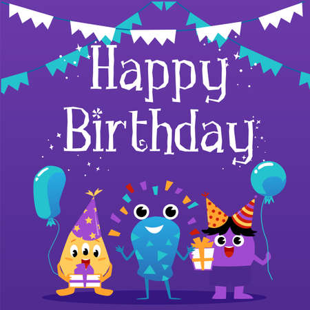 Mockup of birthday greeting or invitation card with cute monsters characters flat vector illustration on blue background. Little beast creatures for birthday celebration.のイラスト素材