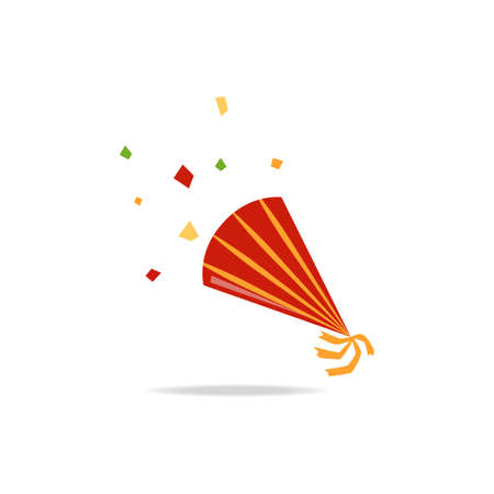 Cartoon party hat cracker with colorful confetti burst isolated on white background. Holiday celebration decoration - flat vector illustration.のイラスト素材