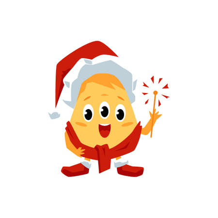 Happy yellow Christmas monster - cartoon creature with three eyes in Santa hat, red scarf and shoes smiling and holding a sparkler. Festive flat isolated vector illustrationのイラスト素材
