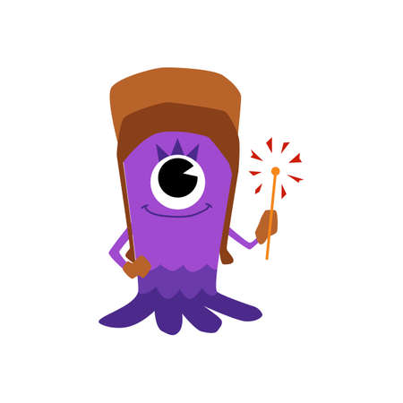 Cute cartoon cyclops monster with magic wand - purple baby alien with one eye wearing a winter hat and smiling. Flat vector illustration isolated on white background.のイラスト素材