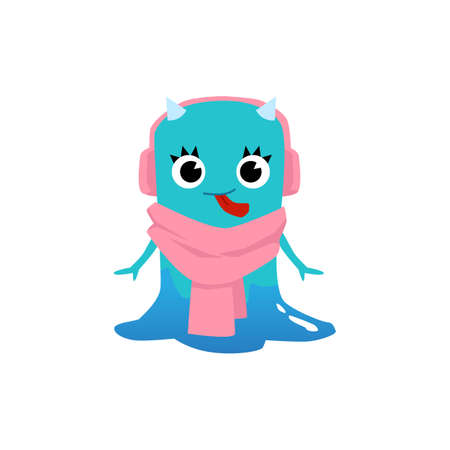 Cute blue slime monster cartoon character, flat vector illustration isolated on white background. Adorable beast or alien personage for childish prints and cards.のイラスト素材