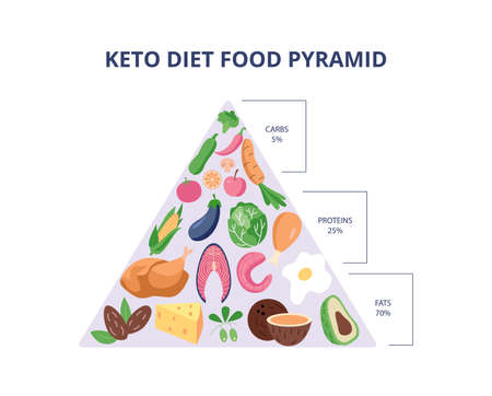 Keto diet food pyramid with carbs, protein and fats group percentage. Fruit, meat, vegetables and other groceries in ketogenic triangle graph - flat isolated vector illustrationのイラスト素材