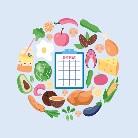 Diet menu planning concept with diary check list and fresh vegetables and fruits flat vector illustration isolated on background. Healthy nutrition and weight losing.のイラスト素材