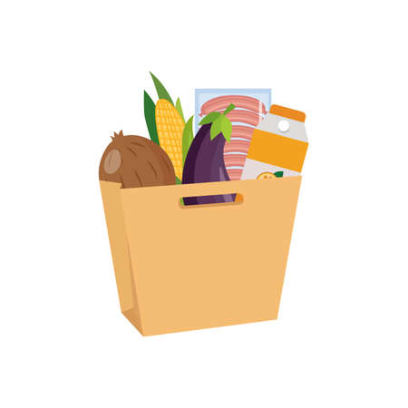 Icon of grocery bag or paper pack full of food, flat vector illustration isolated on white background. Online supermarket and foodstuffs from internet store delivery.のイラスト素材