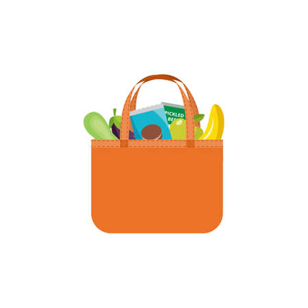 Shopping bag icon with fresh fruits and vegetables, flat cartoon vector illustration isolated on white background. Supermarket and grocery shop symbol.のイラスト素材