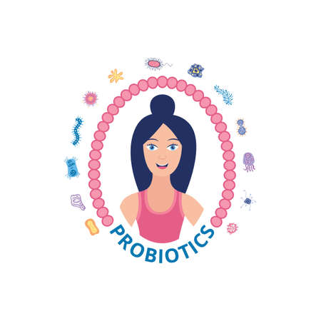 Woman with healthy skin cartoon character surrounded with probiotics icons, flat vector illustration isolated on white background. Eating foods with lactic acid bacteriaのイラスト素材