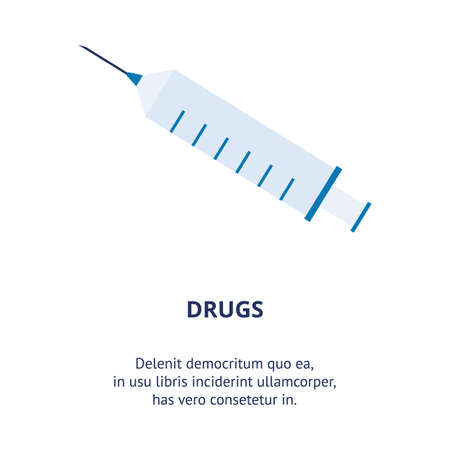 Drugs poster with syringe icon and description text template isolated on white background - medical card for medicine ad or vaccine information, flat vector illustrationのイラスト素材