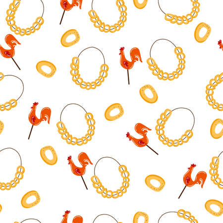 Seamless repeatable pattern with traditional russian Maslenitsa or Shrove treats - candy in shape of rooster and bagels, flat vector illustration on white background.のイラスト素材