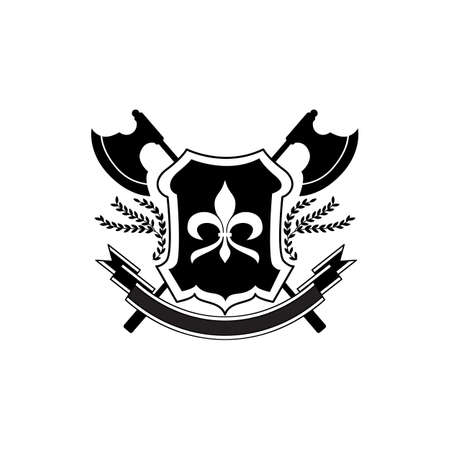 Black silhouette of the emblem and badge with a royal shield. Badge with a royal shield, heraldic lily, ribbon and medieval axes. Isolated historical vector illustration.のイラスト素材