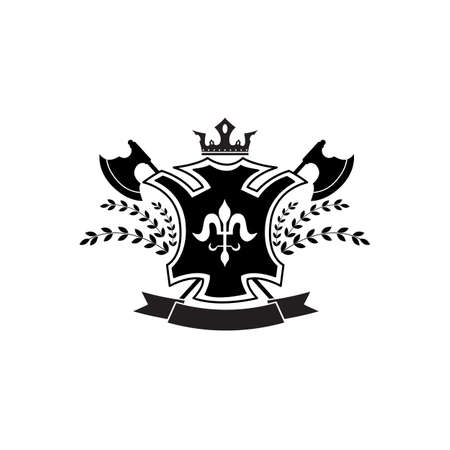 Ornate heraldic coat of arms badge with crossed axes, crown symbol, wreath leaves and ribbon text template isolated on white background - flat vector illustrationのイラスト素材