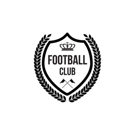 Football club badge icon with crown symbol and crossed flags decorated with curved leaf wreath - shield shape logo template for soccer team, flat isolated vector illustrationのイラスト素材