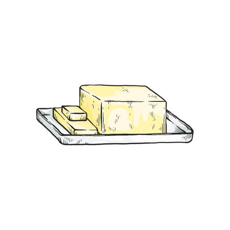 Block of yellow butter - isolated sketch drawing on white background. Hand drawn dairy food in rectangle cube shape cut into smaller pieces - vector illustration.のイラスト素材