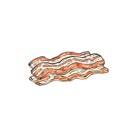 Cartoon bacon drawing isolated on white background - breakfast food element with wavy shape made...