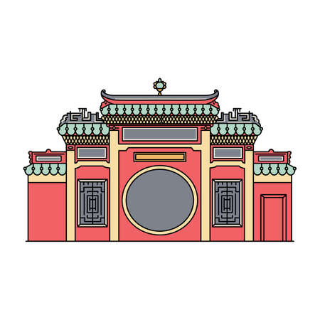 Famous red A-Ma temple gate pavillion in Macau, China - flat isolated icon on white background. Landmark Chinese building element, vector illustration.のイラスト素材