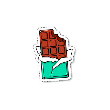 Chocolate bar sticker in sketch cartoon style with contour, vector illustration isolated on white background. Fashion patch for greeting cards, textile prints and badges.のイラスト素材