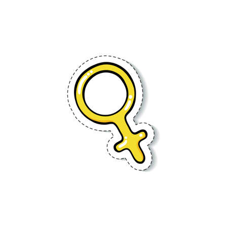 Cartoon sticker with female sex symbol, vector illustration in retro style isolated on white background. Retro style fashion print or patch of womens gender sign.のイラスト素材