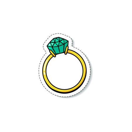 Engagement ring with green emerald diamond - isolated doodle sticker isolated on white background. Cartoon drawing of wedding jewelry, flat vector illustration.のイラスト素材