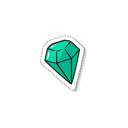 Green emerald diamond - cartoon doodle sticker isolated on white background. Hand drawn precious gem decoration drawing - flat vector illustration.のイラスト素材
