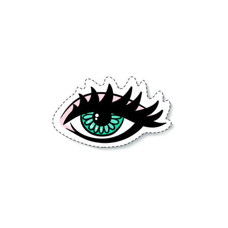 Beautiful girls or women eye with long lashes sticker in retro cartoon style, vector illustration isolated on white background. Fashion print for textile and stationary.のイラスト素材