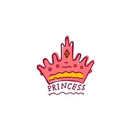Sketch princess crown with inscription, vector cartoon illustration in doodle style isolated on white background. Royal jewelry accessories fashion textile print.のイラスト素材