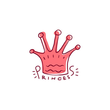Princess crown with hand written lettering doodle cartoon vector illustration isolated on white background. Sketch pink icon for textile fashion prints and cards.のイラスト素材