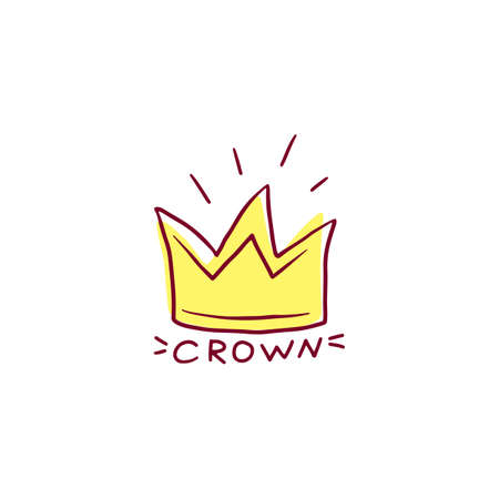 Yellow king crown doodle drawing isolated on white background - hand drawn royal icon with text under it. Flat vector illustration.のイラスト素材
