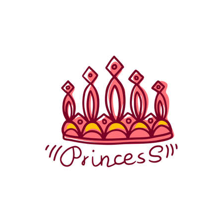 Fashion print design with doodle hand drawn princess crown, cartoon vector illustration isolated on white background. Royal power heraldic sign or symbol.のイラスト素材