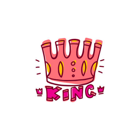 Pink king crown in hand drawn doodle style isolated on white background - simple icon drawing of royal decoration with text lettering. Flat vector illustration.のイラスト素材