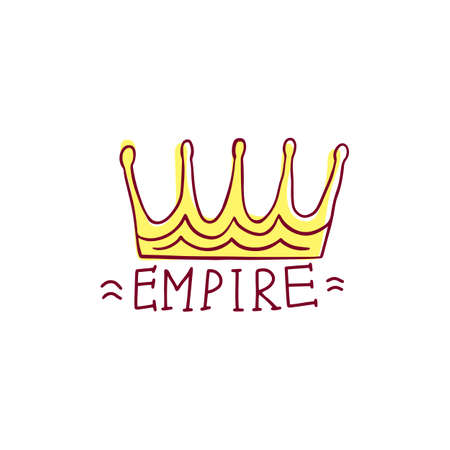Yellow empire crown drawing icon isolated on white background. Queen or king royal crown doodle with text - flat heraldic vector illustration.のイラスト素材