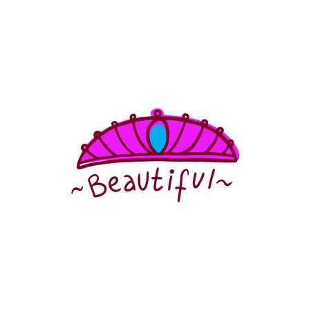 Fashion print with doodle princess or queen crown and word - beautiful, cartoon vector illustration isolated on white background. Royal jewelry diadem sign and lettering.のイラスト素材